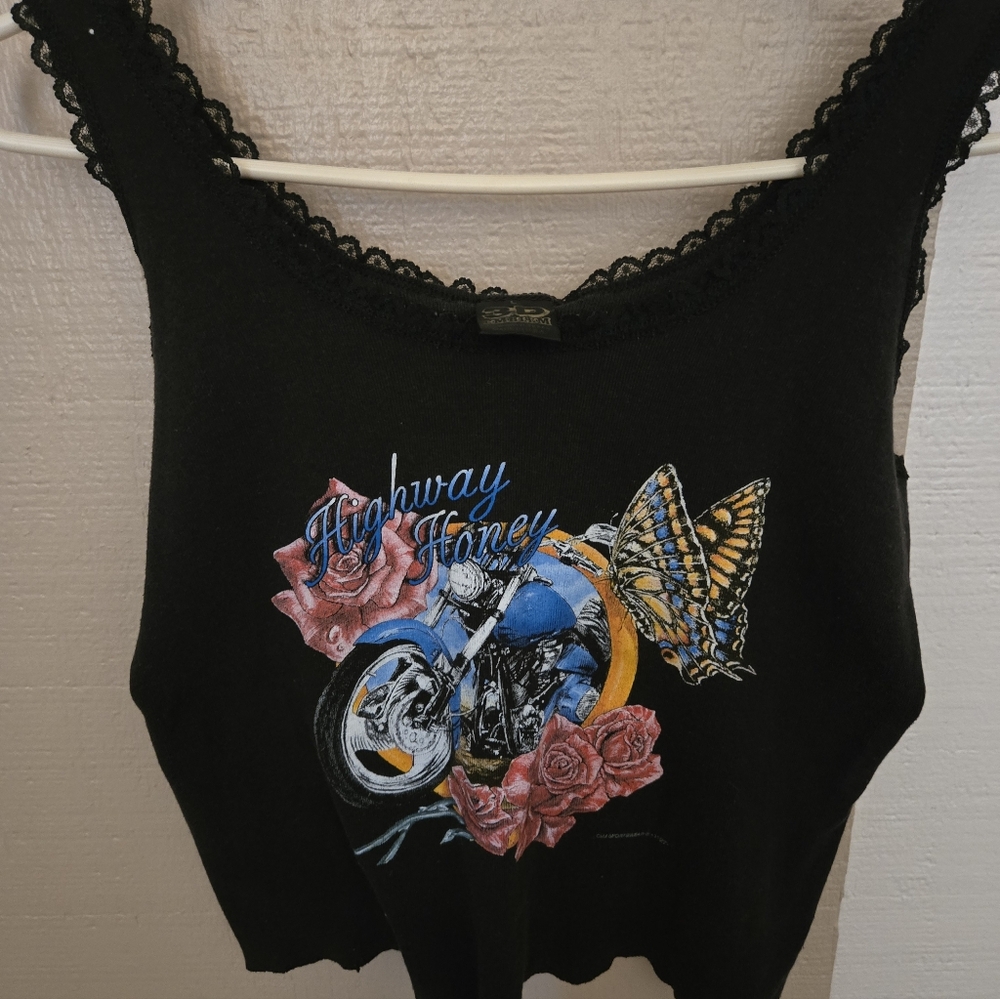 Highway Honey Lace-Trim Black Graphic Tank Top